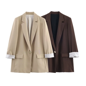 Women Solid Color Blazer Jacket Polyester Single Button Lapel Striped Cuffed Sleeves Business Casual Elegant Outerwear