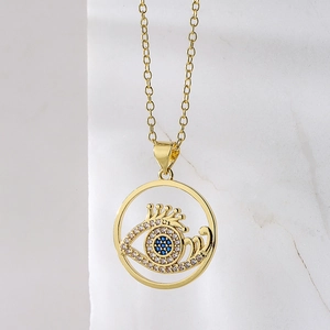 18K gold plated copper necklace with evil eye pendant and blue zircon inlay