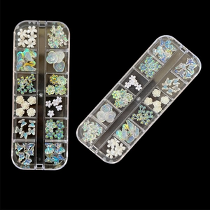 Macro view of 12-grid organizer boxes with 3D aurora flower and butterfly nail art charms