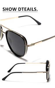 Detail of TR90 aviator polarized sunglasses showing size specs and black gold frame