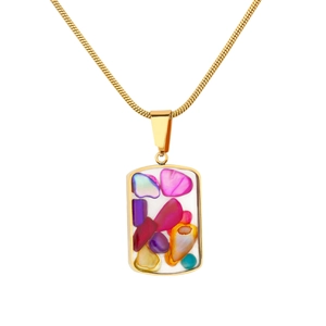 Detail of gold snake chain with rectangular pendant featuring colorful shell inlay