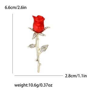 Luxury red rose brooch with gold leaves and crystals, size 6.6cm x 2.8cm, weight 10.6g