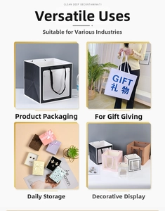 Detailed view of square gift bags with transparent windows and elegant ribbon handles