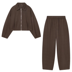 Women's 2-piece dark brown casual set featuring zip-up jacket and wide-leg trousers