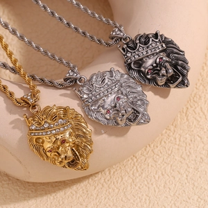 Hip-hop crown lion head pendants on twist chains in gold, silver, and dark silver