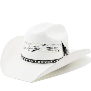White woven straw cowboy hat with ventilated crown, checkered band and spotted feather