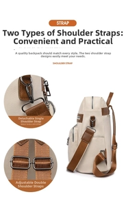 Detail of cream faux leather backpack with brown straps and lychee texture