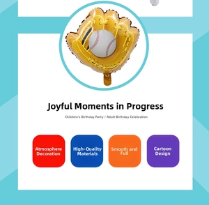 Detail of yellow baseball glove foil balloon with printed ball design for party sports events