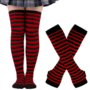 Detail of red and black striped thigh high socks with matching long arm warmers