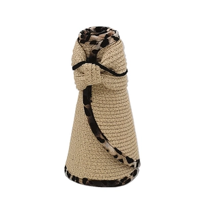 Foldable paper straw sun hat with leopard print trim and bow detail for storage
