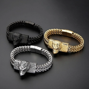 Wolf Head Bracelet Men Stainless Steel Double Row Braided Wheat Chain Hip Hop Punk Viking Jewelry Accessories