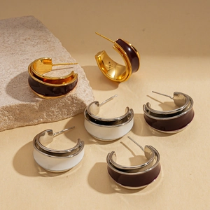 Three pairs of vintage 18k gold plated geometric double C-shaped enamel stud earrings