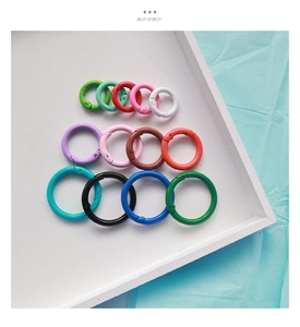 Macro view of assorted colorful 25mm metal spring rings for DIY keychain accessories