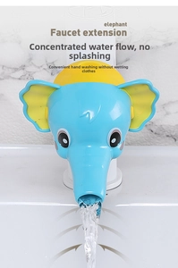 Detail of blue elephant faucet extender showing focused water flow for easy hand washing