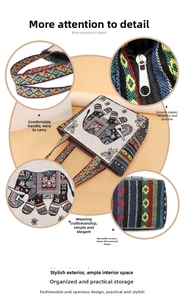Close-up of ethnic canvas tote featuring elephant pattern, smooth zippers and woven straps