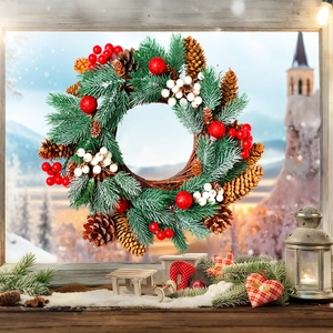 Christmas pine cone wreath with red berries on a snowy windowsill against a winter backdrop