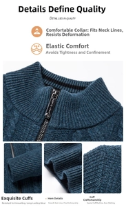 Detail showing high-quality zipper stand collar and textured knit fabric on men cardigan