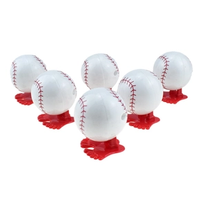 Set of six novelty wind-up baseball toys with red walking feet and realistic stitching