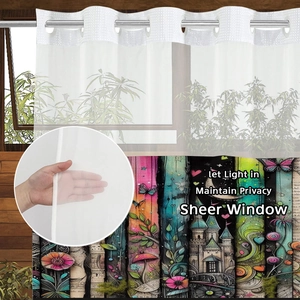 Detail of sheer butterfly and castle print shower curtain showing light filtering fabric