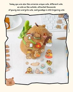 Close-up of cute cartoon Capybara PET stickers on desk with themed plush toy background