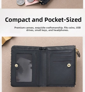 Detail view showing internal card slots, transparent ID window and zipper pouch of the wallet