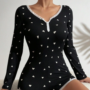 Combinaison Pyjama Femme Manches Longues Imprimé Cœur Tricot Côtelé Dentelle Col En V Vetement De Nuit