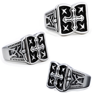 Retro Cross Star Ring Stainless Steel Gothic Punk Embossed Band Jewelry For Men Unisex Antique Silver Finish