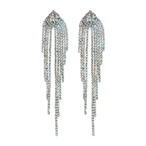 Elegant silver tassel earrings with sparkling zircon crystals and long dangling fringe style