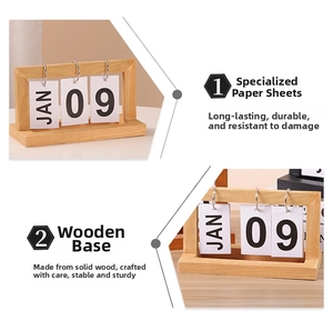 Detail of wooden flip calendar showing solid wood base and durable thick paper cards