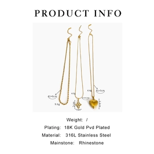 Détail de colliers en acier inoxydable plaqué or 18 carats avec dimensions et poids