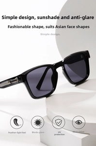 Detail of square black sunglasses featuring gold V-shaped metal accents on white pedestals