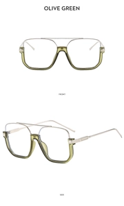 Front and side views of olive green semi-rimless square frames with double metal bridge