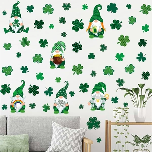 St. Patrick's Day gnome and shamrock window decals set for festive home wall decoration