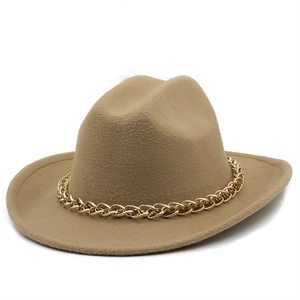 Detailed view of camel wool fedora hat featuring a stylish gold chunky metal chain link band