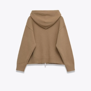 Chic women's knitted camel brown zip-up hoodie featuring textured fabric and ribbed cuffs