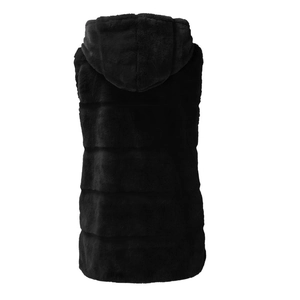 Vue arrière d'un gilet à capuche en fausse fourrure noire avec coutures horizontales