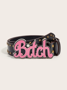 Detail of black leather punk belt with gold studs and pink Bitch crystal buckle