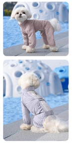 Detail of waterproof lightweight pet pants with elastic cuffs and windproof collar design