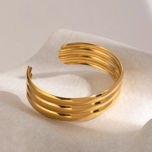 Retro 18k gold plated stainless steel triple-layer polished open cuff bracelet