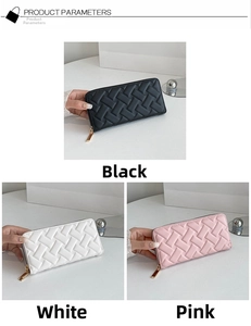 Detail view of woven quilted long wallets in black, white, and pink with gold zippers