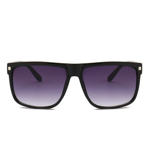 Classic square black sunglasses with purple gradient lenses and silver rivet accents