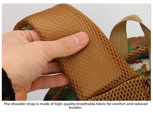 Close-up of padded camouflage backpack shoulder straps with breathable brown mesh fabric