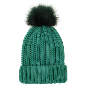 Detail of forest green cable knit hat with a faux fur pompom and ribbed cuff texture