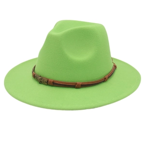 Close-up of neon green fedora hat featuring woven band and antique bronze skull emblem