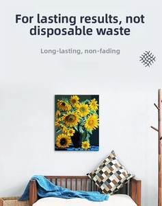 Classic sunflower oil painting displayed in a cozy home setting on a white wall