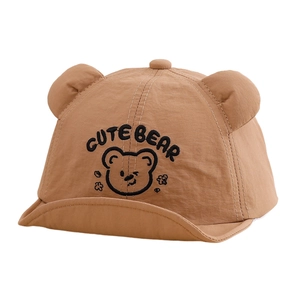Breathable baby sun hat with cute 3D bear ears and embroidery in brown colorway