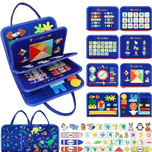 Detail of felt sensory busy board with letters, numbers and shapes for toddler learning