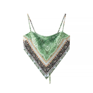 Detailed view of green vintage floral pattern on silk-like strapless tube top fabric