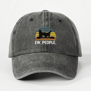 Washed denim baseball cap with retro black cat graphic and Ew People slogan