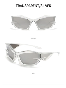 Front and side views of futuristic Y2K wrap-around sunglasses with transparent frames